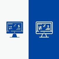 imposta regolamento finanza reddito computer linea e glifo solido icona blu bandiera linea e glifo solido icona blu bandiera vettore