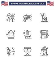 linea imballare di 9 Stati Uniti d'America indipendenza giorno simboli di negozio i soldi arma Borsa statua modificabile Stati Uniti d'America giorno vettore design elementi