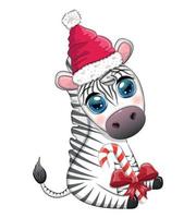 carino zebra nel Santa cappello con Natale sfera, caramella Kane, regalo. natura vacanze cartone animato carattere. vettore