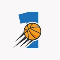 iniziale lettera 1 pallacanestro logo concetto con in movimento pallacanestro icona. cestino palla logotipo simbolo vettore modello