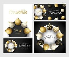 set di cartolina d'auguri quadrata di lusso di Natale e Capodanno con palle di albero sul cerchio. cartolina di Natale con palline realistiche nere, oro e bianche decorate su sfondo nero moderno. illustrazione vettoriale. vettore