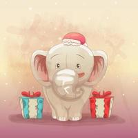 elefantino felice di ricevere un regalo di natale vettore