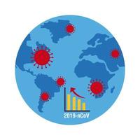 mappa del mondo con icone e infografica covid-19, icona di stile piatto vettore