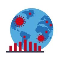 mappa del mondo con icone e infografica covid-19, icona di stile piatto vettore