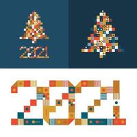 felice anno nuovo 2021 tipografia di pixel art vettoriale. illustrazione della cartolina d'auguri di vacanze. lettere da strisce, quadrati e punti. poster geometrici del nuovo anno come il tabellone segnapunti elettronico. vettore