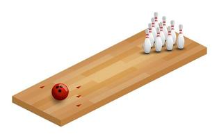 un'illustrazione vettoriale di una pista da bowling isometrica. pista da bowling isometrica con palla e perni