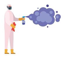 uomo con tuta protettiva tenendo la bottiglia spray polverizzatore con disegno vettoriale di fumo