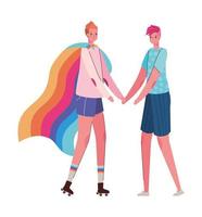 cartoni animati di donne con costumi e disegno vettoriale di bandiera lgtbi