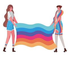cartoni animati di donne con costumi e disegno vettoriale di bandiera lgtbi