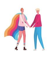 cartoni animati di donne con costumi e disegno vettoriale di bandiera lgtbi