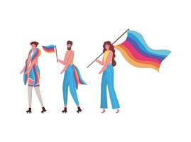 cartoni animati di donne e uomini con costumi e disegno vettoriale di bandiere lgtbi