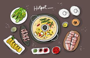 Illustrazione disegnata a mano di vettore di vista superiore degli ingredienti di hotpot