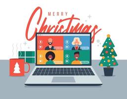 auguri di Natale in linea. persone che si incontrano online insieme a familiari o amici videochiamate su una discussione virtuale sul laptop. Buon Natale e sicuro ufficio scrivania sul posto di lavoro. illustrazione vettoriale piatta