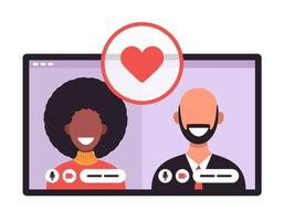 concetto di app di incontri online con uomo e donna. illustrazione vettoriale piatto rapporto multiculturale con donna africana e uomo calvo bianco sullo schermo del tablet.