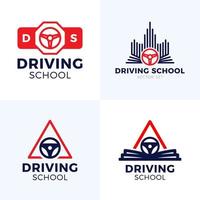 logo vettoriale di scuola guida. ruota auto con design del logo del segnale stradale. formazione, veicolo, trasporto e trasporto, disegno vettoriale e illustrazione