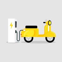 scooter elettrico giallo con stazione di ricarica per veicoli elettrici ev vettore