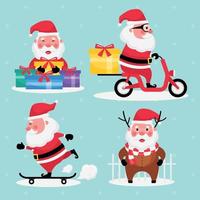 set di Babbo Natale con regalo, equitazione moto e skateboard su sfondo azzurro vettore