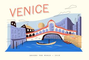 Illustrazione piana di vettore del paesaggio di Venezia della cartolina