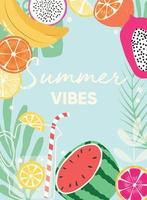 design di frutta con slogan tipografico di vibrazioni estive e frutta fresca e limonata vettore