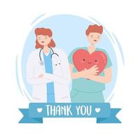 grazie dottori e infermieri, dottoressa con stetoscopio e infermiere con cartone animato di cuore vettore