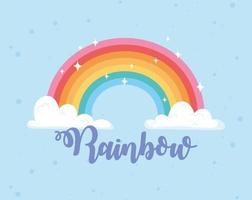 arcobaleno con nuvole decorazione di lettere di cartoni animati magici vettore