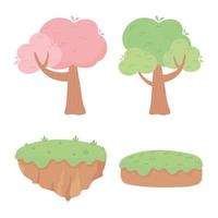 alberi foresta terra erba anture fogliame icone dei cartoni animati vettore