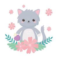 piccolo gatto grigio con fiori e fogliame animale dei cartoni animati vettore
