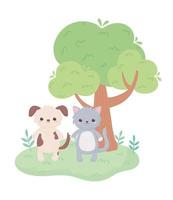 simpatico gatto cane albero erba animali dei cartoni animati in un paesaggio naturale vettore