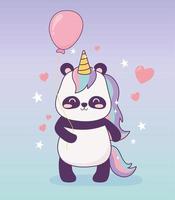 Panda con unicorno palloncino decorazione cartone animato magico vettore