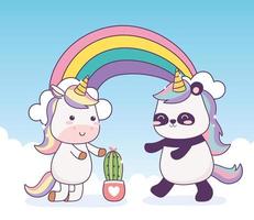 panda kawaii e unicorno con cactus e arcobaleno fantasia magica dei cartoni animati vettore