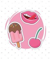 labbra gelato e ciliegia patch fashion badge sticker decorazione icona vettore