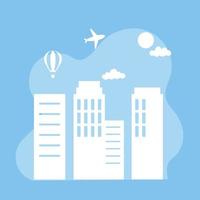 paesaggio urbano aereo mongolfiera skyline architettura sagoma sfondo blu vettore