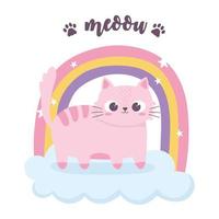 simpatico gatto rosa arcobaleno nuvola animale cartone animato personaggio divertente vettore
