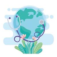 mondo con stetoscopio e fiori, salva la protezione del pianeta contro il coronavirus covid 19, proteggi il concetto di natura ed ecologia vettore