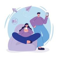 donna e uomo su puf con smartphone in chat disegno vettoriale