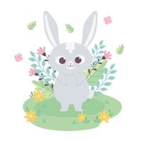 simpatico coniglietto cartone animato animale adorabile con fiori in erba vettore