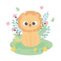 carino piccolo leone cartone animato animale adorabile con fiori seduto in erba vettore
