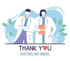 grazie dottori e infermieri, medico maschio e femmina con referto medico vettore