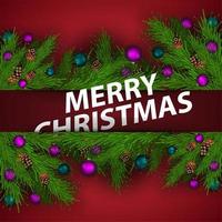 buon Natale, cartolina di auguri rossa con rami di albero di Natale e titolo 3d vettore