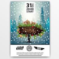 poster design festa di Natale con puntatore in legno con cornice di rami di albero di natale decorata con regali e bastoncini di zucchero su sfondo con foresta invernale vettore