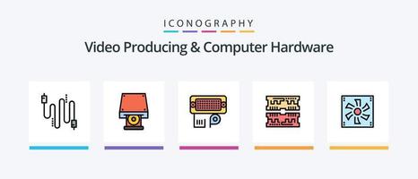 video producendo e computer hardware linea pieno 5 icona imballare Compreso libro. ingegneria. madre. costume. Rete. creativo icone design vettore