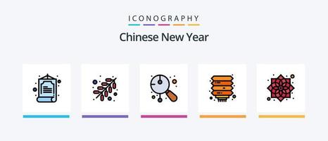 Cinese nuovo anno linea pieno 5 icona imballare Compreso ciotola. luci. prima colazione. decorazione. lampadina. creativo icone design vettore