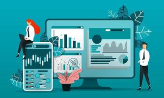 personaggio dei cartoni animati piatto. illustrazione vettoriale per la tecnologia, business.employee con monitor che ricerca candeliere, diagrammi, bar, torta, grafici a linee per determinare il risultato sul mercato finanziario.