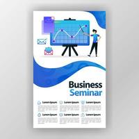 poster di concetto di design seminario di affari con illustrazione di cartone animato piatto. flyer business pamphlet brochure copertina di una rivista design layout spazio per promozione e marketing, modello di stampa vettoriale formato a4