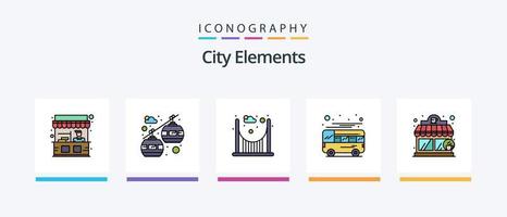 città elementi linea pieno 5 icona imballare Compreso treno. elettrico. parco. ferrovia stazione. caffè negozio. creativo icone design vettore