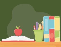 formazione in linea, mela sul libro aperto e libri sulla scrivania vettore