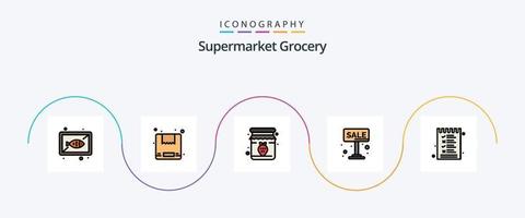 drogheria linea pieno piatto 5 icona imballare Compreso cibo. cartello. marmellata. tavola. vendita vettore