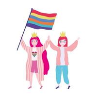 orgoglio parata comunità lgbt, che celebra due donne con corona e bandiera arcobaleno vettore