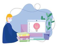 formazione online, ragazzo con maschera computer libri creatività compiti a casa, corsi di sviluppo della conoscenza tramite internet vettore