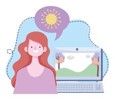 formazione online, donna con computer che impara coronavirus covid19, corsi di sviluppo della conoscenza tramite Internet vettore